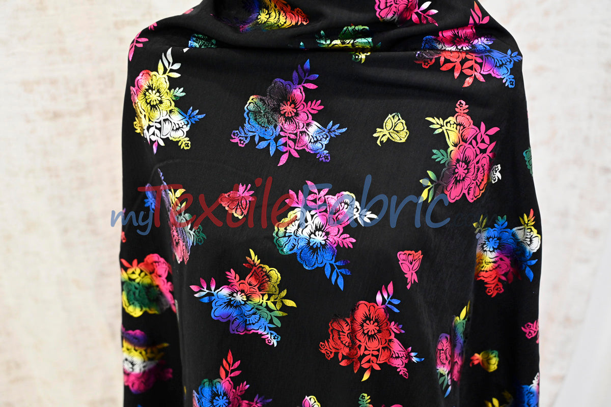 Floral Holographic Foil On Peachskin Polyester Fabric - Floral Holographic Foil, 60" Width (1 Yard)