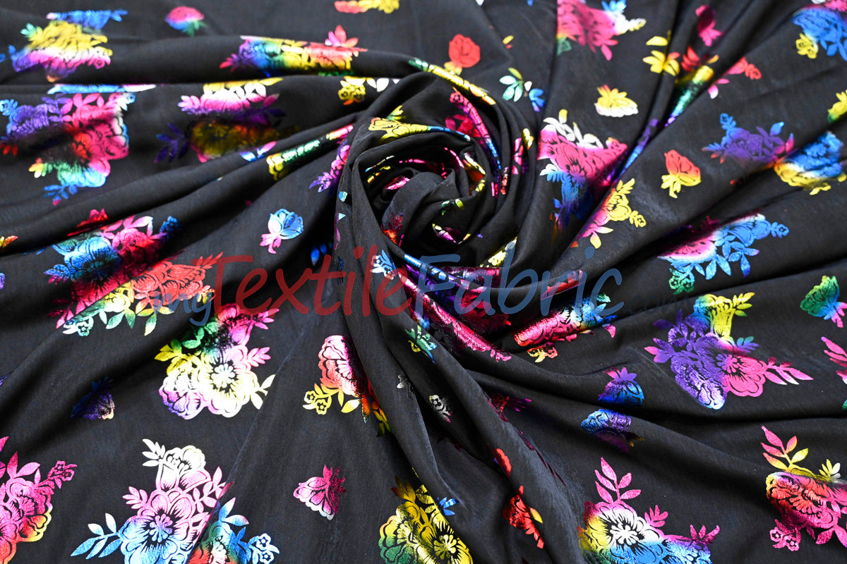 Floral Holographic Foil On Peachskin Polyester Fabric - Floral Holographic Foil, 60" Width (1 Yard)