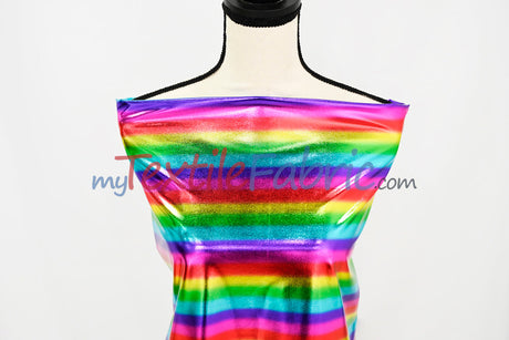 Rainbow Metallic Foil Spandex Lame Fabric - Multi Color Foil On Burgundy Knit, 60" Wide (Yards)