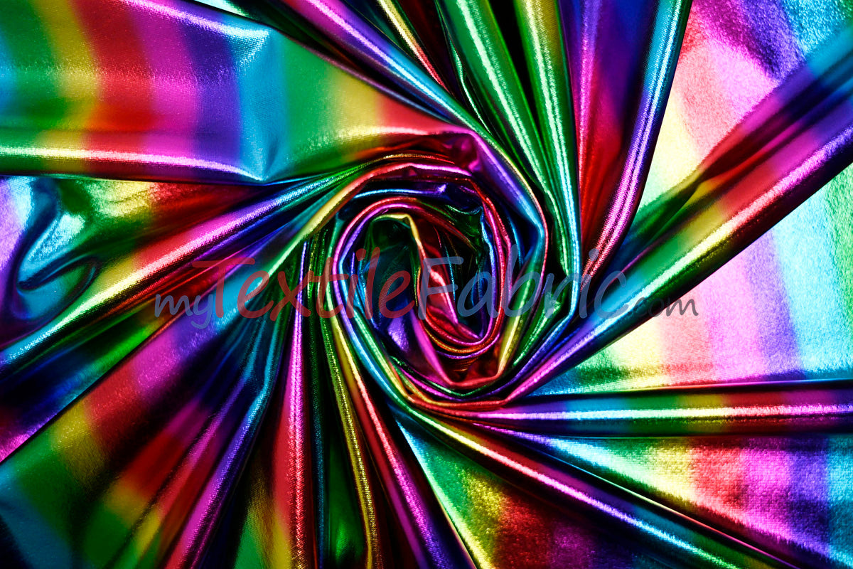 Rainbow Metallic Foil Spandex Lame Fabric - Multi Color Foil On Burgundy Knit, 60" Wide (Yards)