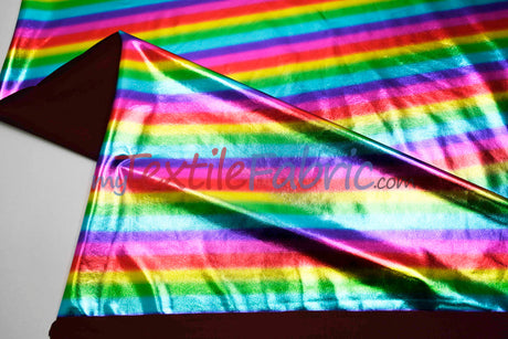 Rainbow Metallic Foil Spandex Lame Fabric - Multi Color Foil On Burgundy Knit, 60" Wide (Yards)