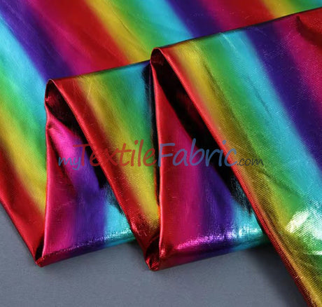 Rainbow Metallic Foil Spandex Lame Fabric - Multi Color Foil On Burgundy Knit, 60" Wide (Yards)