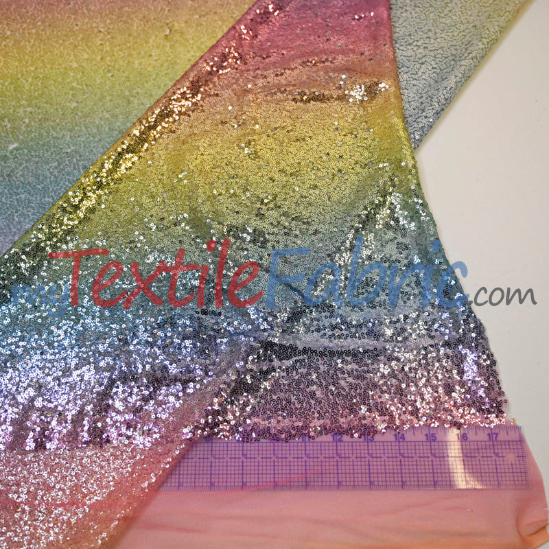 Rainbow Sequins Polyester Fabric - Multi Color Sequins On Rainbow Mesh, 54" Width (1 Yard)