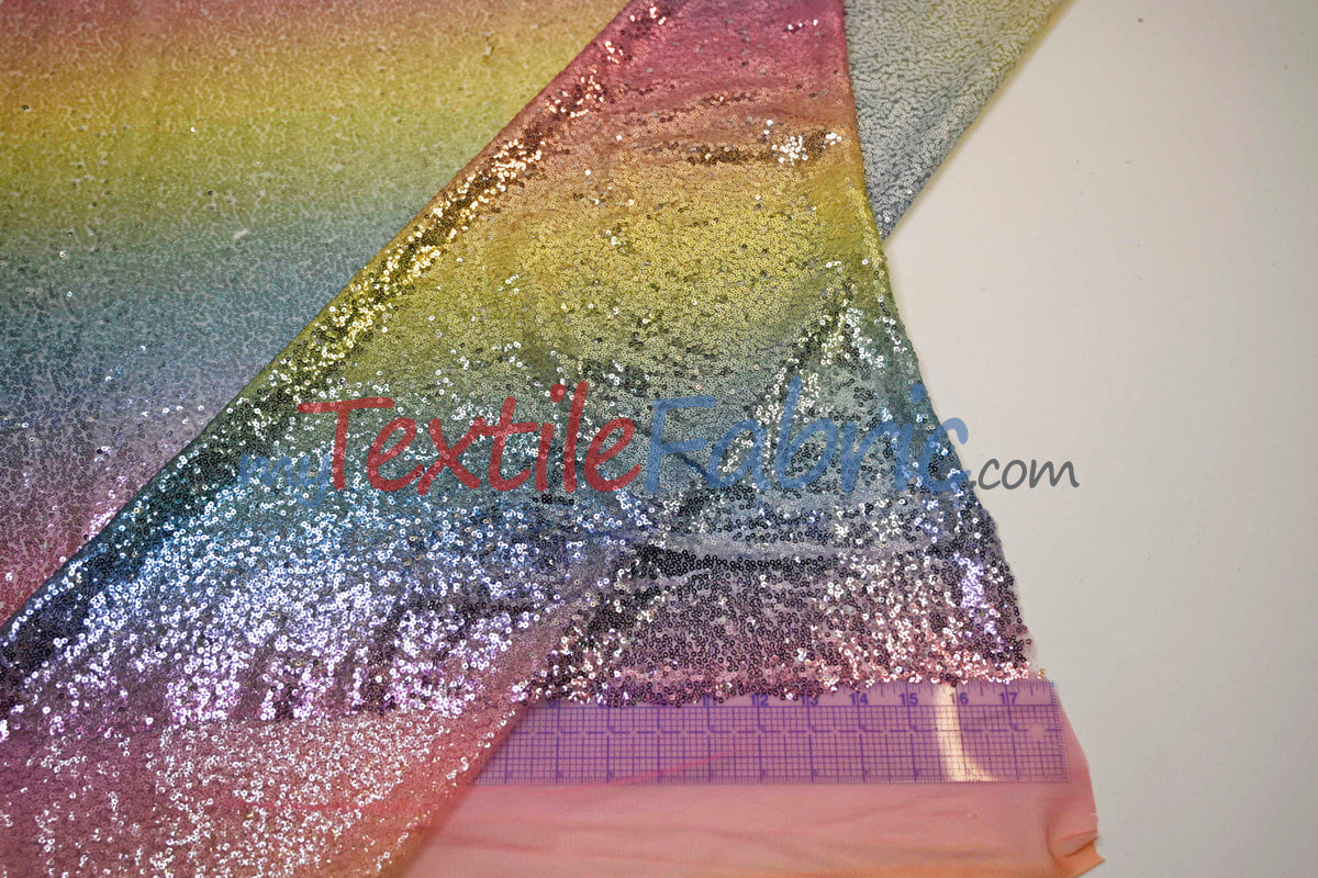 Rainbow Sequins Polyester Fabric - Multi Color Sequins On Rainbow Mesh, 54" Width (1 Yard)