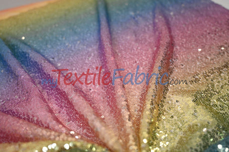 Rainbow Sequins Polyester Fabric - Multi Color Sequins On Rainbow Mesh, 54" Width (1 Yard)