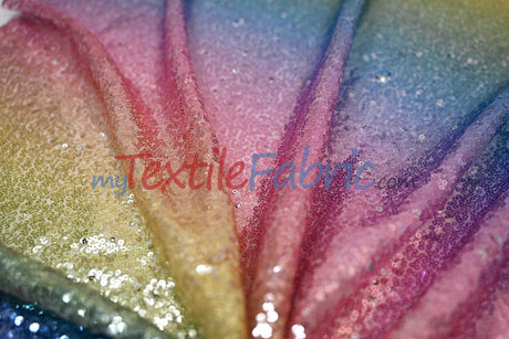 Rainbow Sequins Polyester Fabric - Multi Color Sequins On Rainbow Mesh, 54" Width (1 Yard)