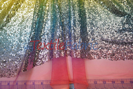 Rainbow Sequins Polyester Fabric - Multi Color Sequins On Rainbow Mesh, 54" Width (1 Yard)