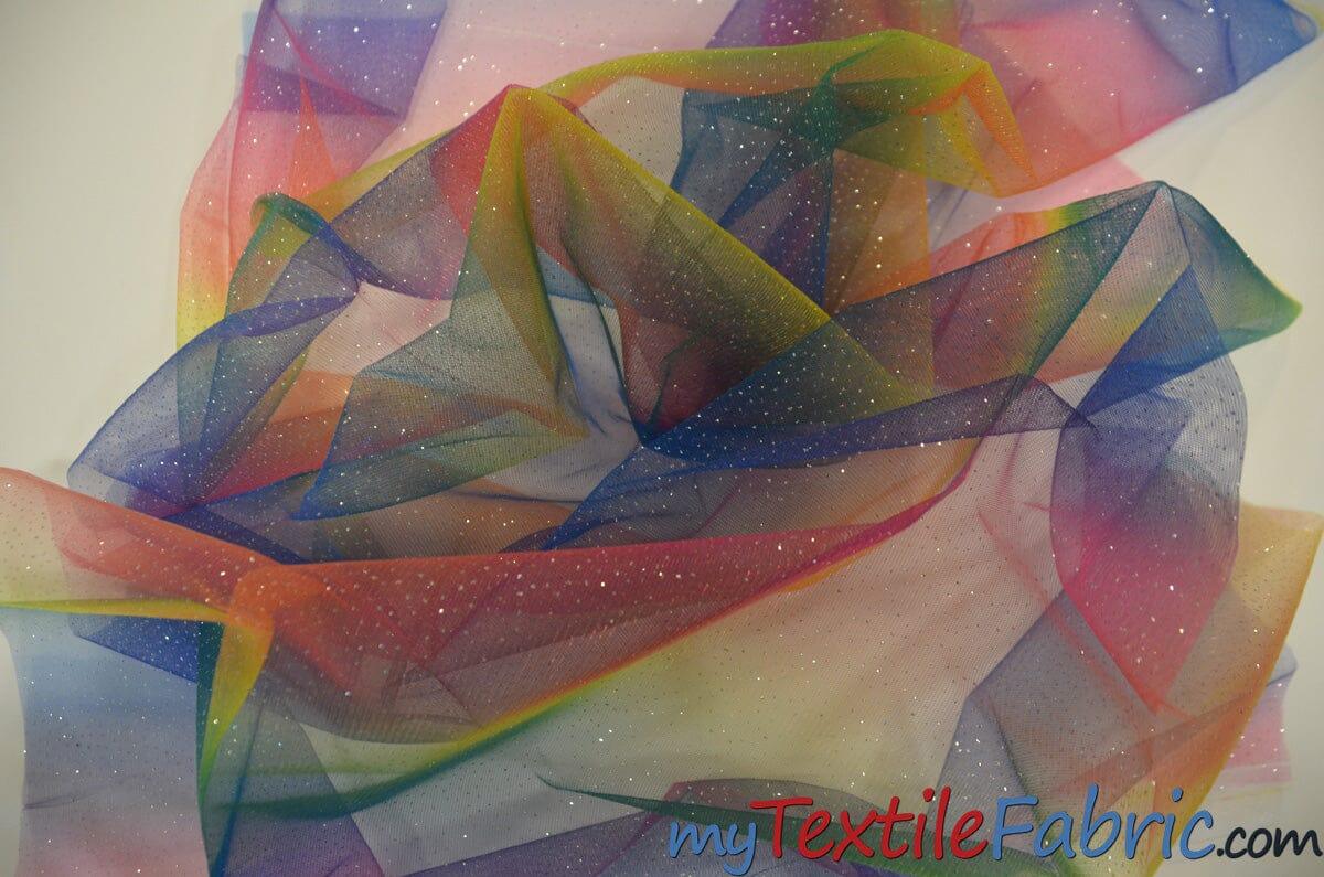 Rainbow Tulle Glitter Polyester Fabric - Multi Color Horizontal Rainbow Glitter, 60" Width (Yards)