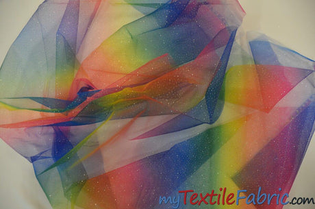 Rainbow Tulle Glitter Polyester Fabric - Multi Color Horizontal Rainbow Glitter, 60" Width (Yards)
