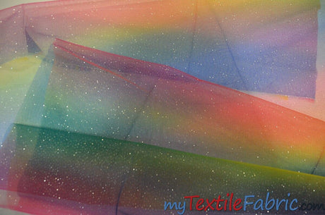 Rainbow Tulle Glitter Polyester Fabric - Multi Color Horizontal Rainbow Glitter, 60" Width (Yards)