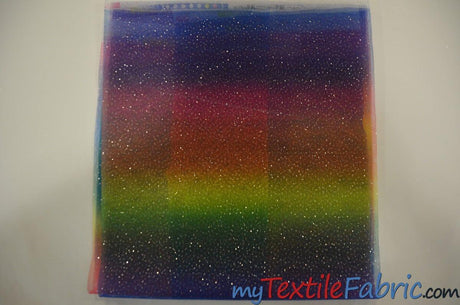 Rainbow Tulle Glitter Polyester Fabric - Multi Color Horizontal Rainbow Glitter, 60" Width (Yards)