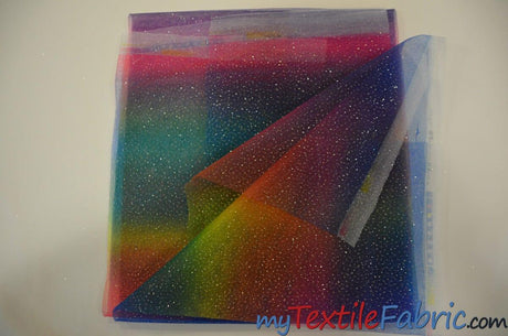 Rainbow Tulle Glitter Polyester Fabric - Multi Color Horizontal Rainbow Glitter, 60" Width (Yards)