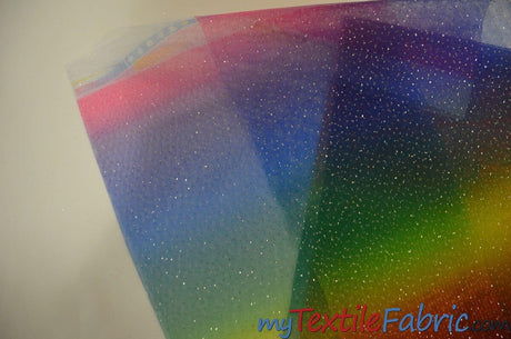 Rainbow Tulle Glitter Polyester Fabric - Multi Color Horizontal Rainbow Glitter, 60" Width (Yards)