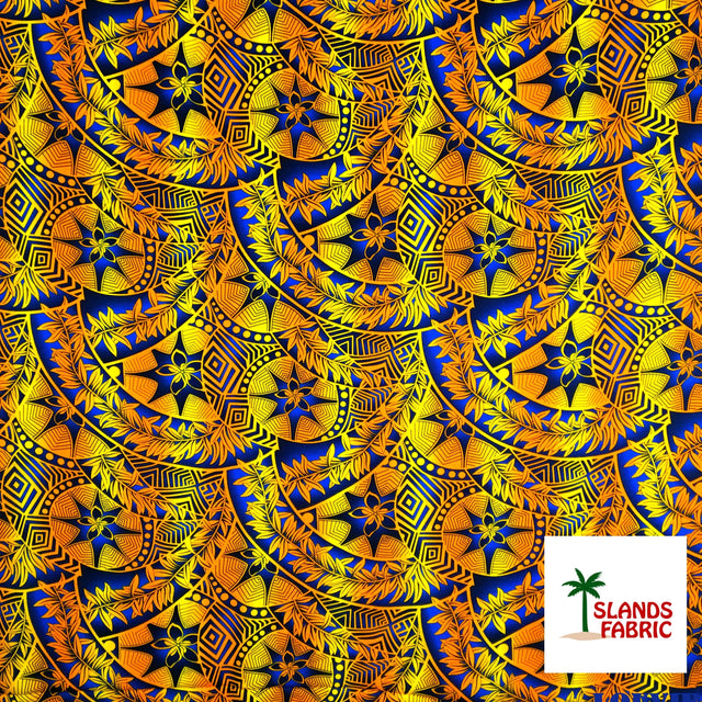 Plumeria Star Design Rayon Fabric - All Over Tiki Print, 44" Width (1 Yard)