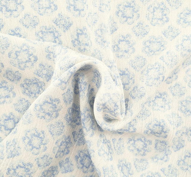 Rayon Crinkle 1D1229 100 Percent Rayon Fabric - Off White/Blue Print, 50/52" Width (1 Yard)