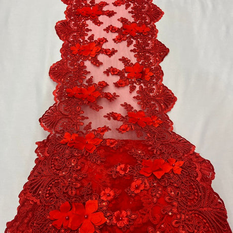 VT-33 Sequin 3D Lace Fabric With Embroideries On Mesh With Pearls - Baby Blue, 33-Cm Width