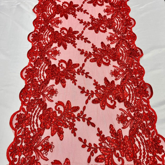 VT-18 Red Sequin Lace Fabric With Embroideries On Mesh - Red Embroidered Sequin Lace, 3 Yard, 6 Yard, 9 Yard