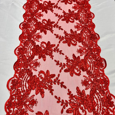VT-18 Red Sequin Lace Fabric With Embroideries On Mesh - Red Embroidered Sequin Lace, 3 Yard, 6 Yard, 9 Yard