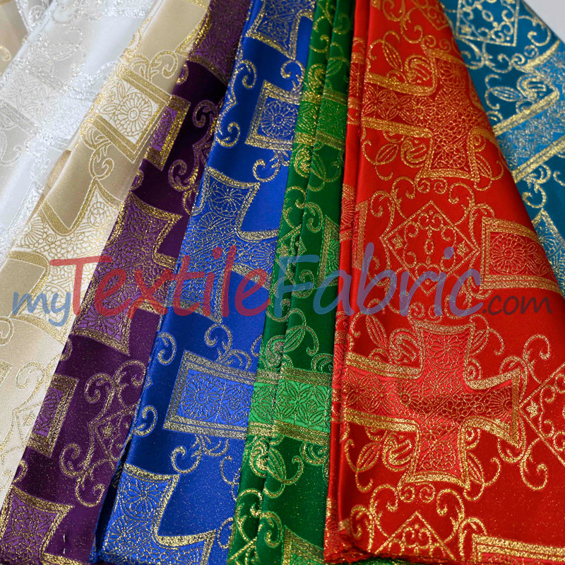 Religious Cross Brocade 100 Percent Polyester Fabric - Elegant Cross Motif, 60" Width (1 Yard)