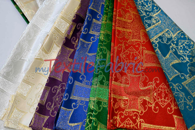 Religious Cross Brocade 100 Percent Polyester Fabric - Elegant Cross Motif, 60" Width (1 Yard)