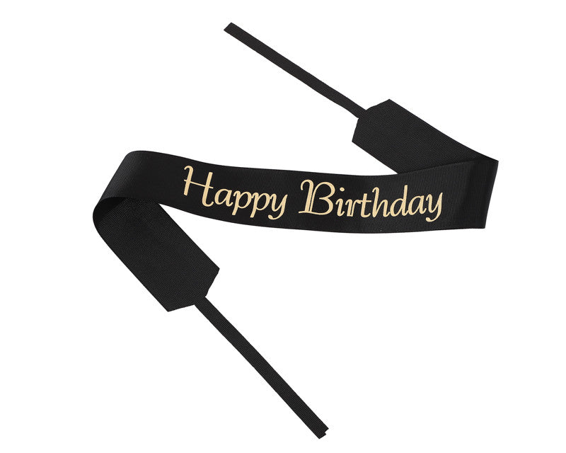 2" x 33" Black "HAPPY BIRTHDAY" Gold Printed Grosgrain Ribbon Bouquet Banner - Pack of 12