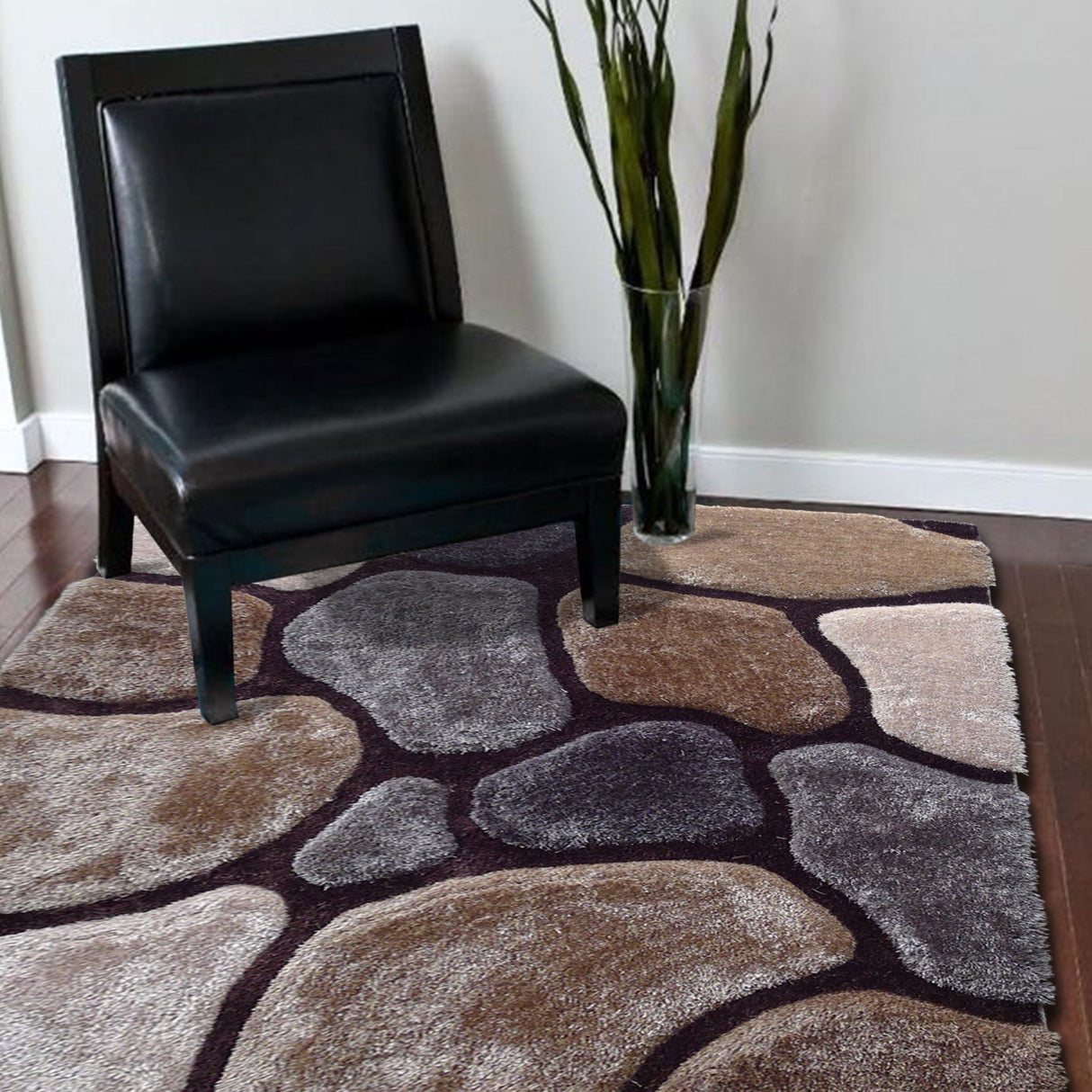 Soft Cozy 3D Rock Design Polyester Fabric - Hand Carved Rock Pattern, 5' X 7', Earth, Ivory, Steel (1 Rug)