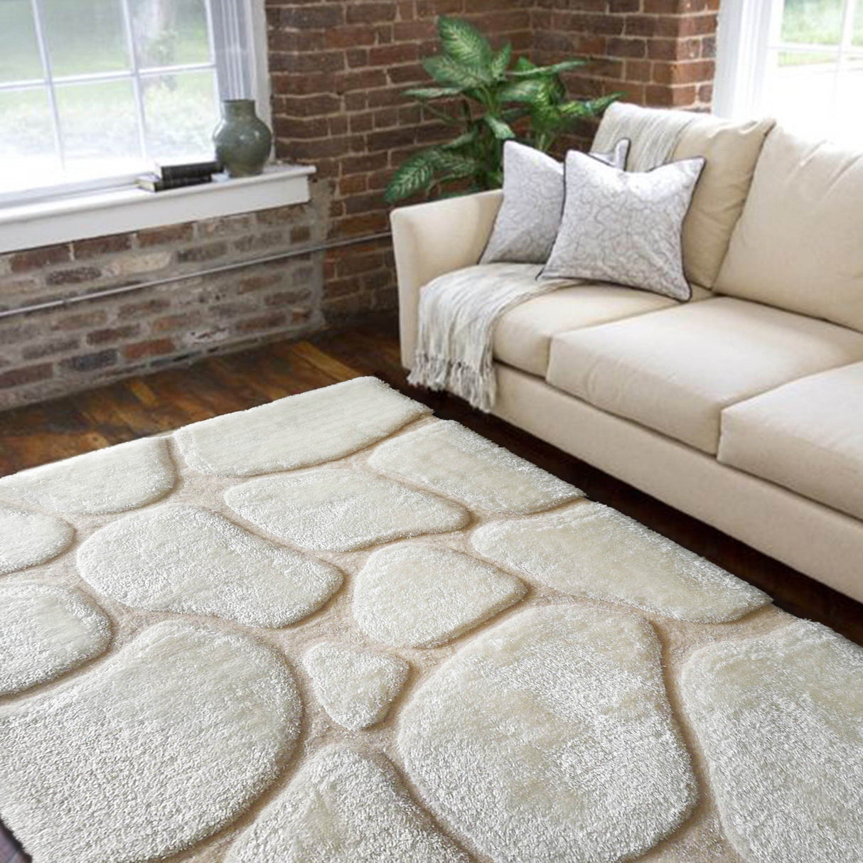Soft Cozy 3D Rock Design Polyester Fabric - Hand Carved Rock Pattern, 5' X 7', Earth, Ivory, Steel (1 Rug)