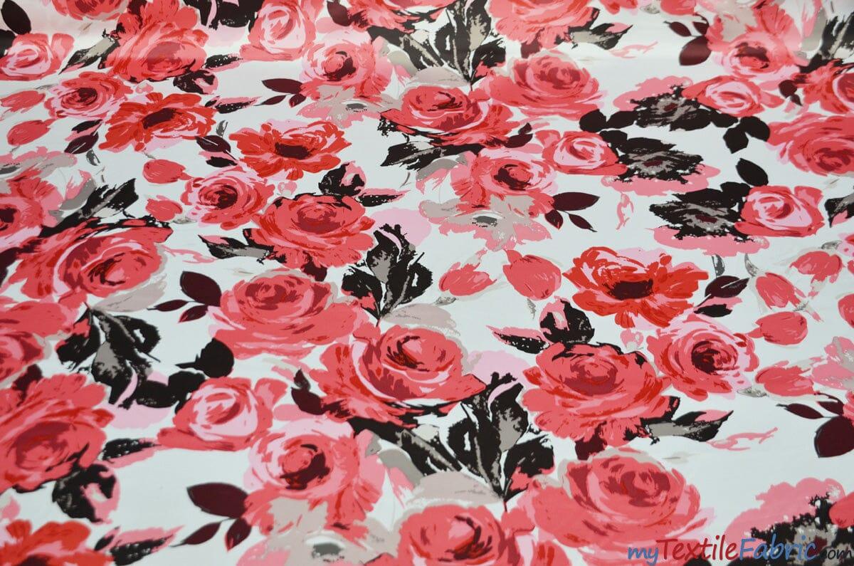 Rosewood Polyester Satin Fabric - Ivory Red Floral Print, 58/60" Width (1 Yard)