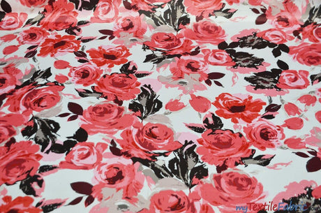 Rosewood Polyester Satin Fabric - Ivory Red Floral Print, 58/60" Width (1 Yard)