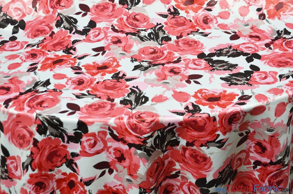 Rosewood Polyester Satin Fabric - Ivory Red Floral Print, 58/60" Width (1 Yard)