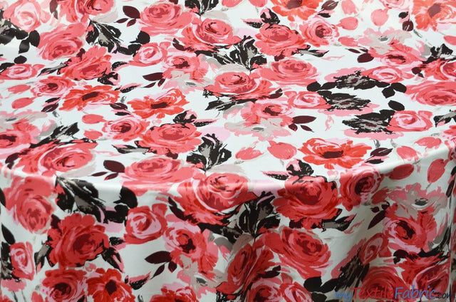 Rosewood Polyester Satin Fabric - Ivory Red Floral Print, 58/60" Width (1 Yard)
