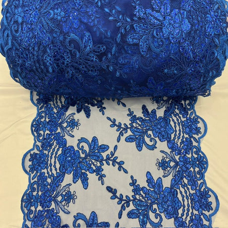 Royal Blue Sequin Lace Fabric With Embroideries On Mesh VT-18 - Royal Blue Embroidered Sequin Lace, 52" Width