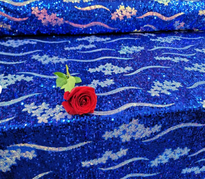 Sequin Embroidery Stretch Velvet Royal Blue