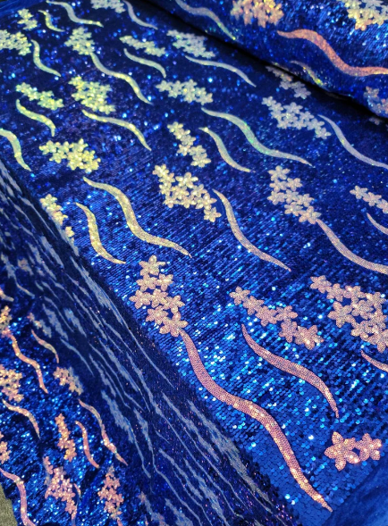 Sequin Embroidery Stretch Velvet Royal Blue