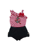 Stripe Anchor Asymmetrical Romper - Girls Dresses, Pink, Teal, Black, Stripe Anchor Pattern (6M/9M, 12M, 18M, 24M, 2, 3, 4, 5, 6, 7)
