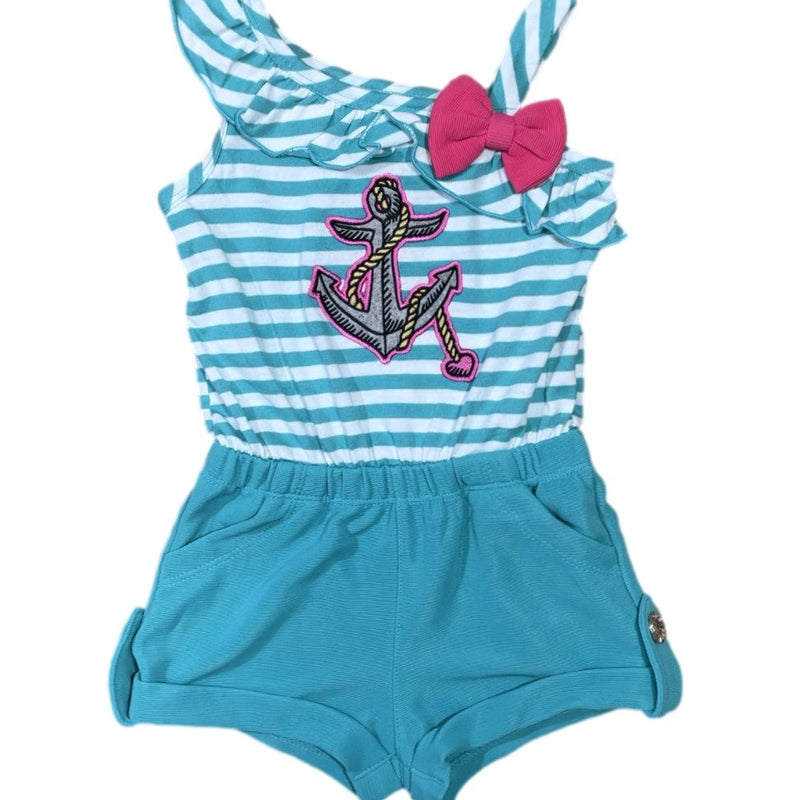 Stripe Anchor Asymmetrical Romper - Girls Dresses, Pink, Teal, Black, Stripe Anchor Pattern (6M/9M, 12M, 18M, 24M, 2, 3, 4, 5, 6, 7)