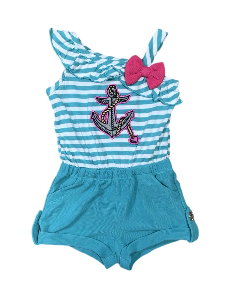 Stripe Anchor Asymmetrical Romper - Girls Dresses, Pink, Teal, Black, Stripe Anchor Pattern (6M/9M, 12M, 18M, 24M, 2, 3, 4, 5, 6, 7)