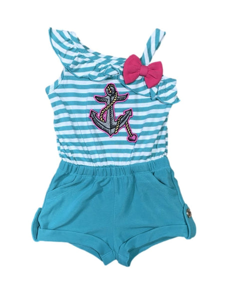 Stripe Anchor Asymmetrical Romper - Girls Dresses, Pink, Teal, Black, Stripe Anchor Pattern (6M/9M, 12M, 18M, 24M, 2, 3, 4, 5, 6, 7)