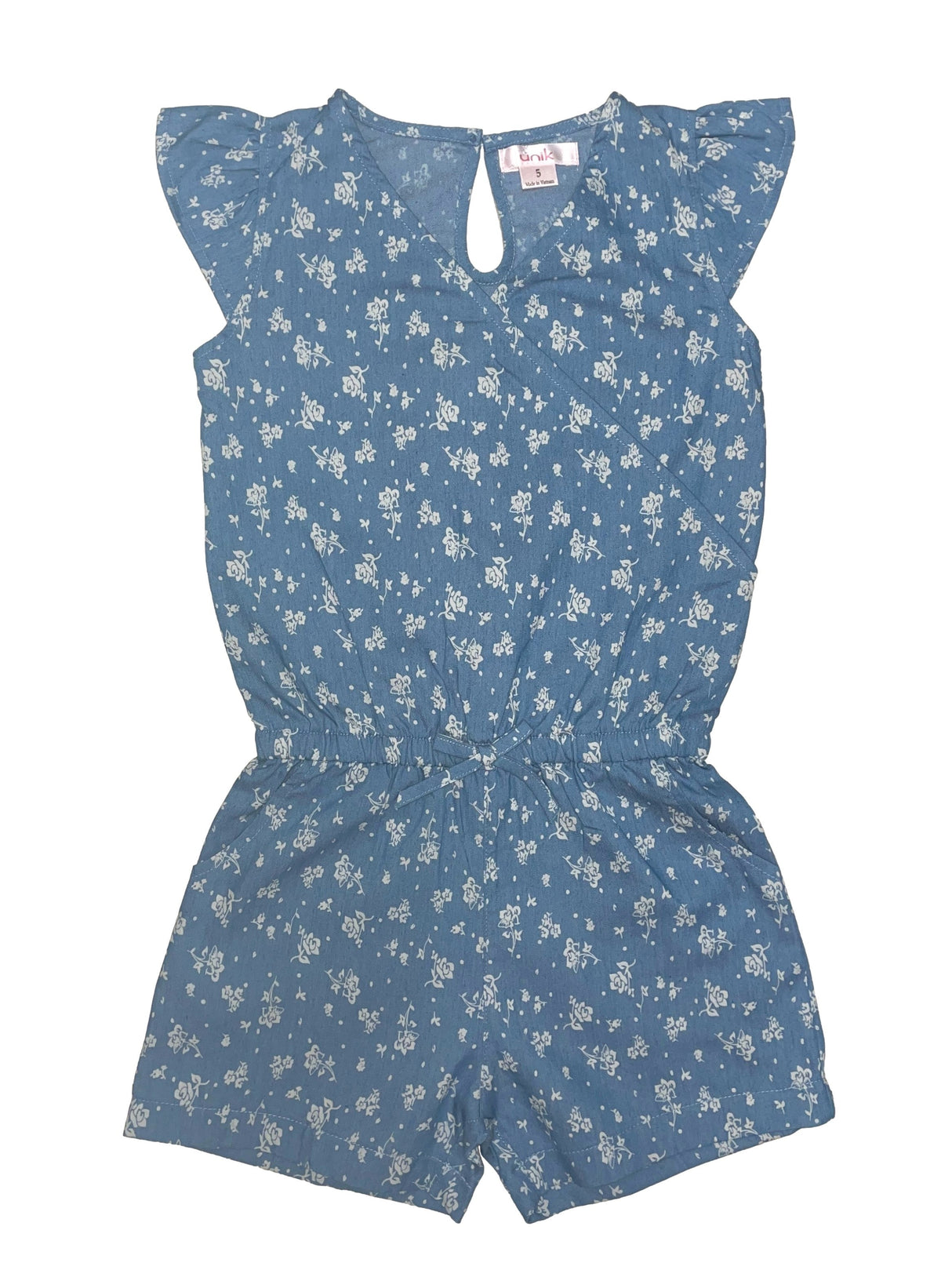 Girl Denim Romper With Flowers Denim Fabric - Pink Rose, Dark Rose, Daisy, Yellow Rose, Floral Print, Sizes 2-8 (1 Piece)