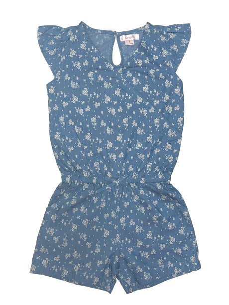 Girl Denim Romper With Flowers Denim Fabric - Pink Rose, Dark Rose, Daisy, Yellow Rose, Floral Print, Sizes 2-8 (1 Piece)