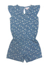 Girl Denim Romper With Flowers Denim Fabric - Pink Rose, Dark Rose, Daisy, Yellow Rose, Floral Print, Sizes 2-8 (1 Piece)