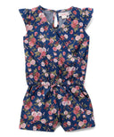 Girl Denim Romper With Flowers Denim Fabric - Pink Rose, Dark Rose, Daisy, Yellow Rose, Floral Print, Sizes 2-8 (1 Piece)