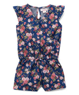 Girl Denim Romper With Flowers Denim Fabric - Pink Rose, Dark Rose, Daisy, Yellow Rose, Floral Print, Sizes 2-8 (1 Piece)
