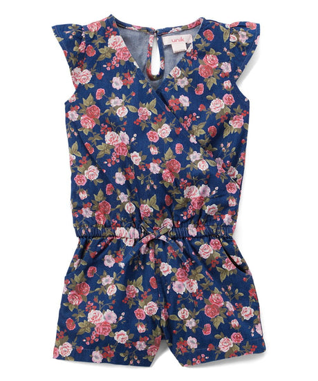 Girl Denim Romper With Flowers Denim Fabric - Pink Rose, Dark Rose, Daisy, Yellow Rose, Floral Print, Sizes 2-8 (1 Piece)