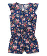 Girl Denim Romper With Flowers Denim Fabric - Pink Rose, Dark Rose, Daisy, Yellow Rose, Floral Print, Sizes 2-8 (1 Piece)