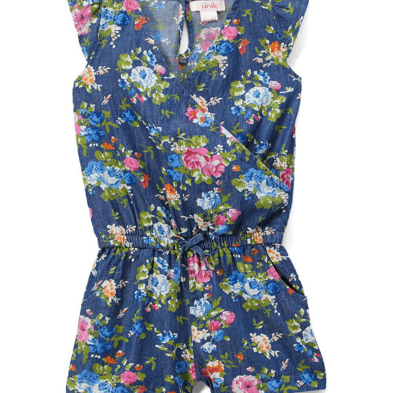 Girl Denim Romper With Flowers Denim Fabric - Pink Rose, Dark Rose, Daisy, Yellow Rose, Floral Print, Sizes 2-8 (1 Piece)