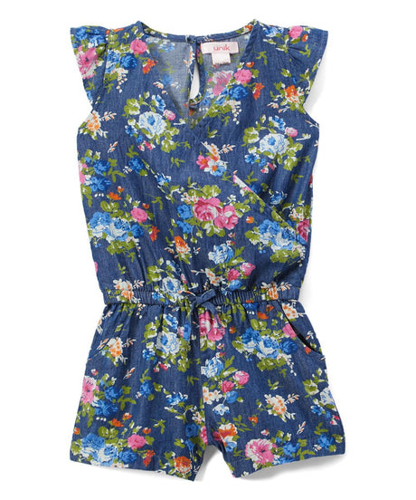 Girl Denim Romper With Flowers Denim Fabric - Pink Rose, Dark Rose, Daisy, Yellow Rose, Floral Print, Sizes 2-8 (1 Piece)