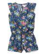 Girl Denim Romper With Flowers Denim Fabric - Pink Rose, Dark Rose, Daisy, Yellow Rose, Floral Print, Sizes 2-8 (1 Piece)