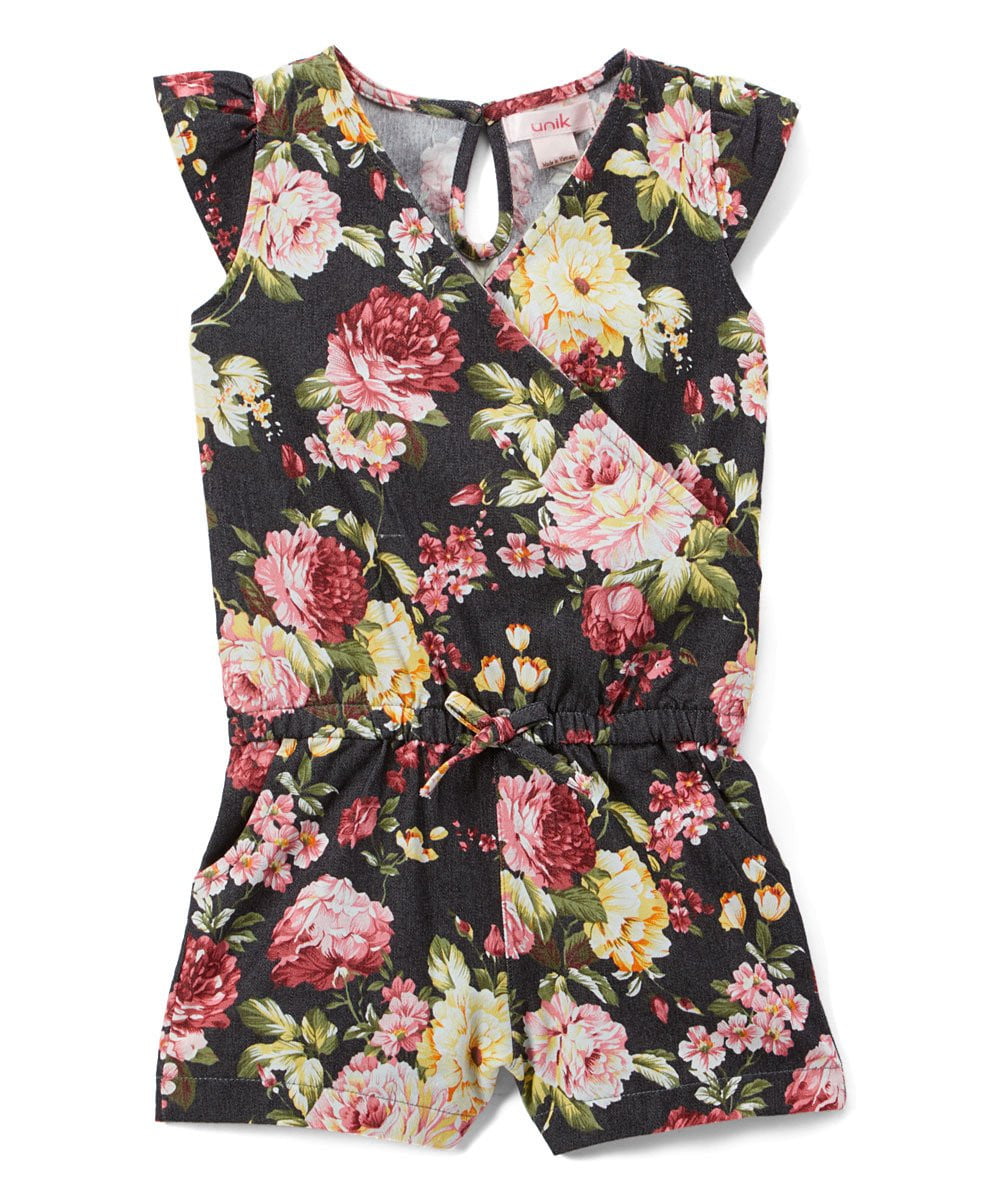 Girl Denim Romper With Flowers Denim Fabric - Pink Rose, Dark Rose, Daisy, Yellow Rose, Floral Print, Sizes 2-8 (1 Piece)