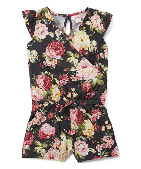 Girl Denim Romper With Flowers Denim Fabric - Pink Rose, Dark Rose, Daisy, Yellow Rose, Floral Print, Sizes 2-8 (1 Piece)